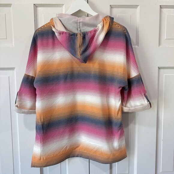 Trina Turk Striped Hoodie Top Kangaroo Pocket Roll Tab Beach Resort Oversized XS - Picture 3 of 14